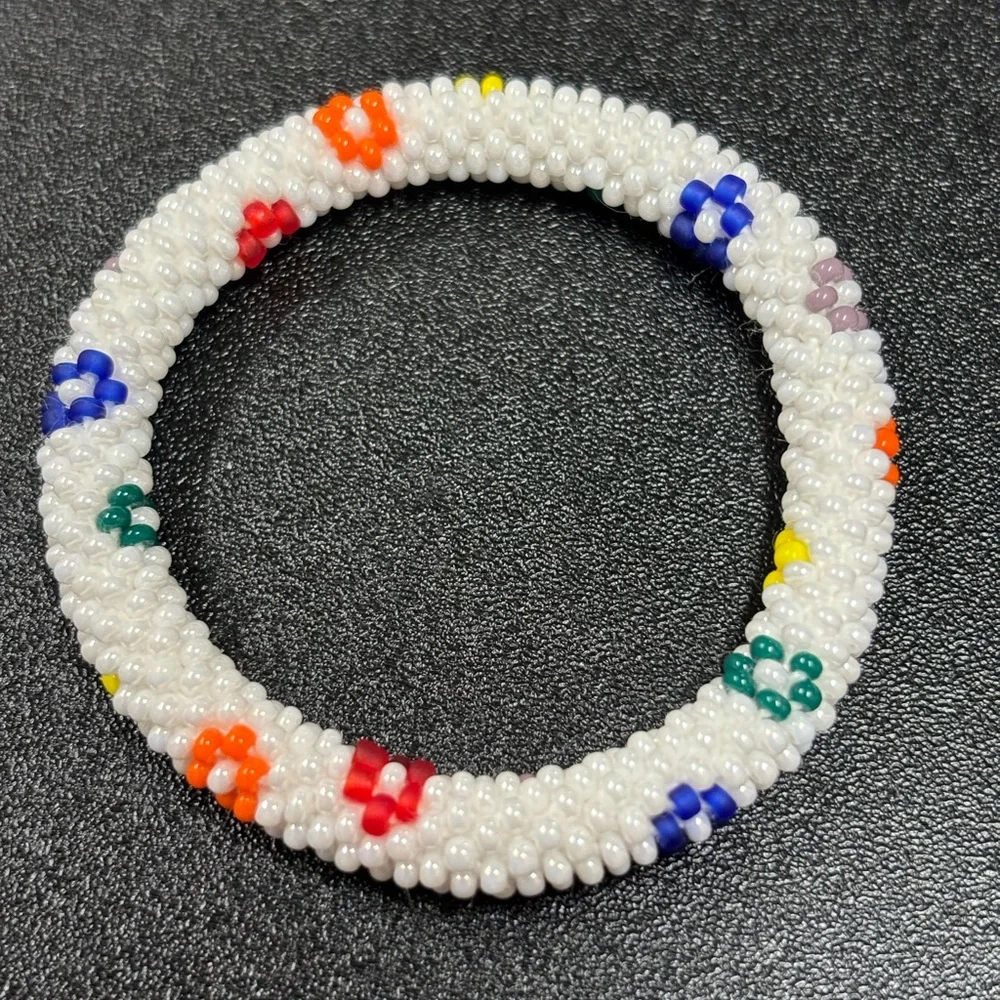 Flower Power Kid's Rollies Glass Beaded Bracelet White